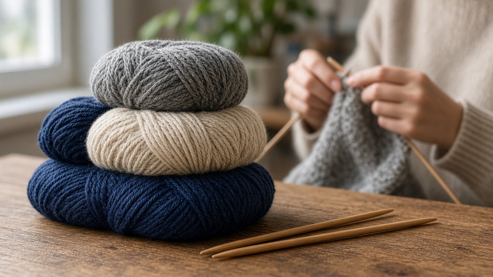 Wool skeins and wooden knitting needles on a quiet craft table
