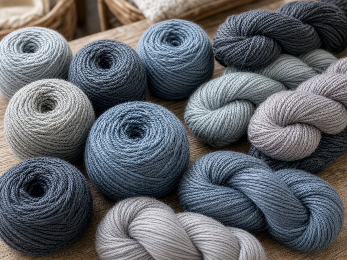Wool yarn cakes in muted blues and greys