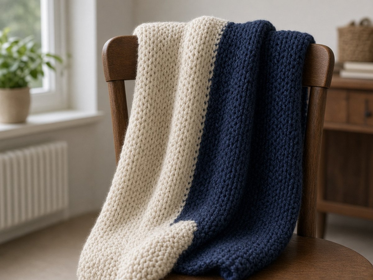 Finished hand-knit scarf draped over a chair