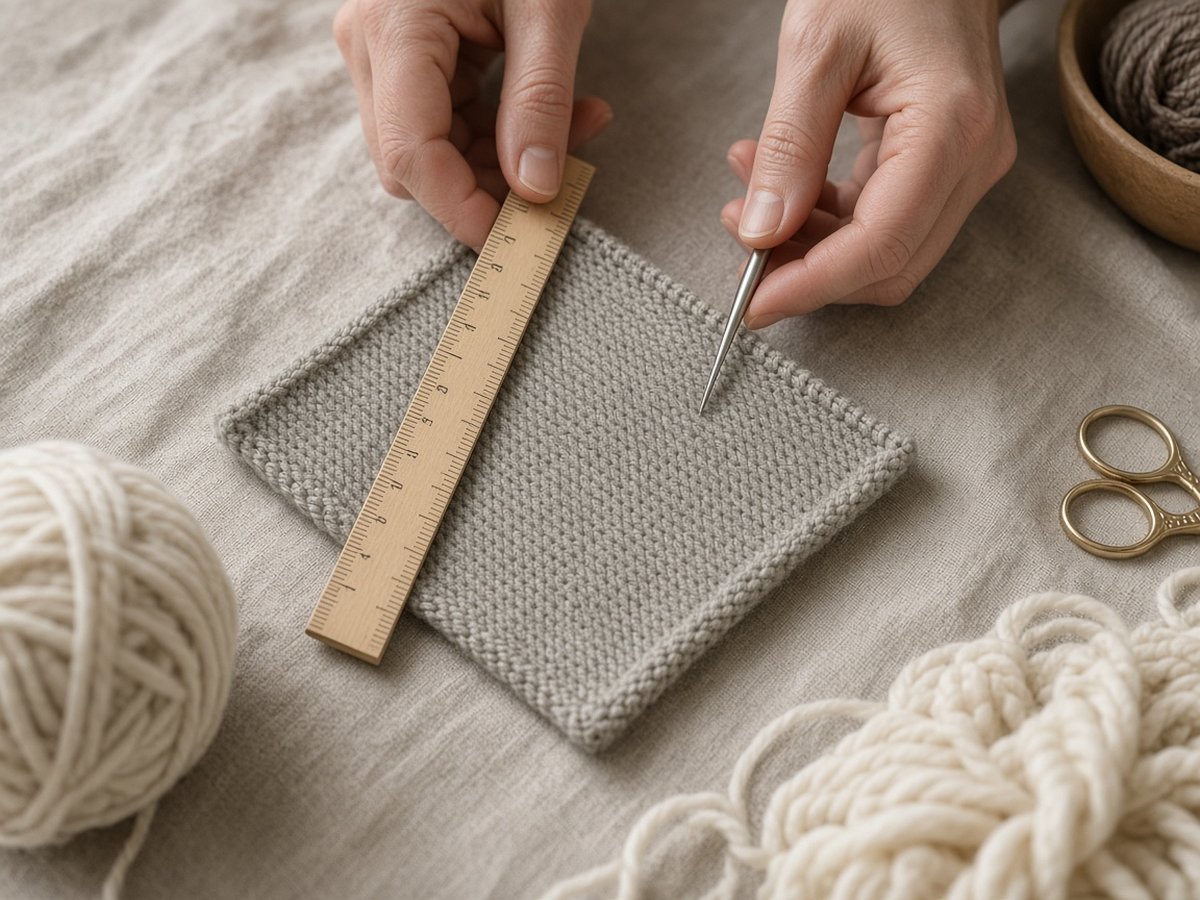 Checking knitting gauge with a ruler