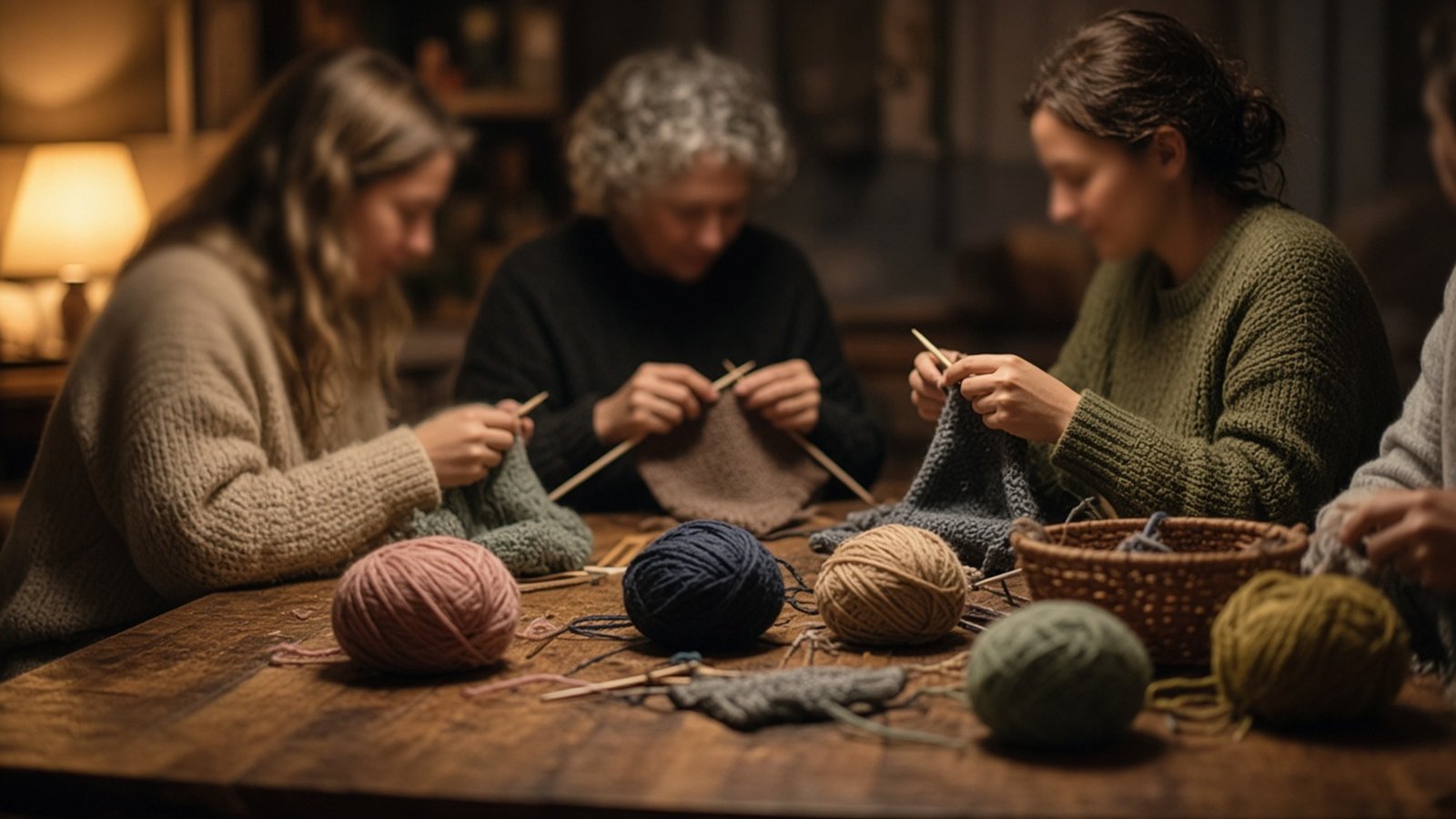Small adult knitting circle at a wooden table
